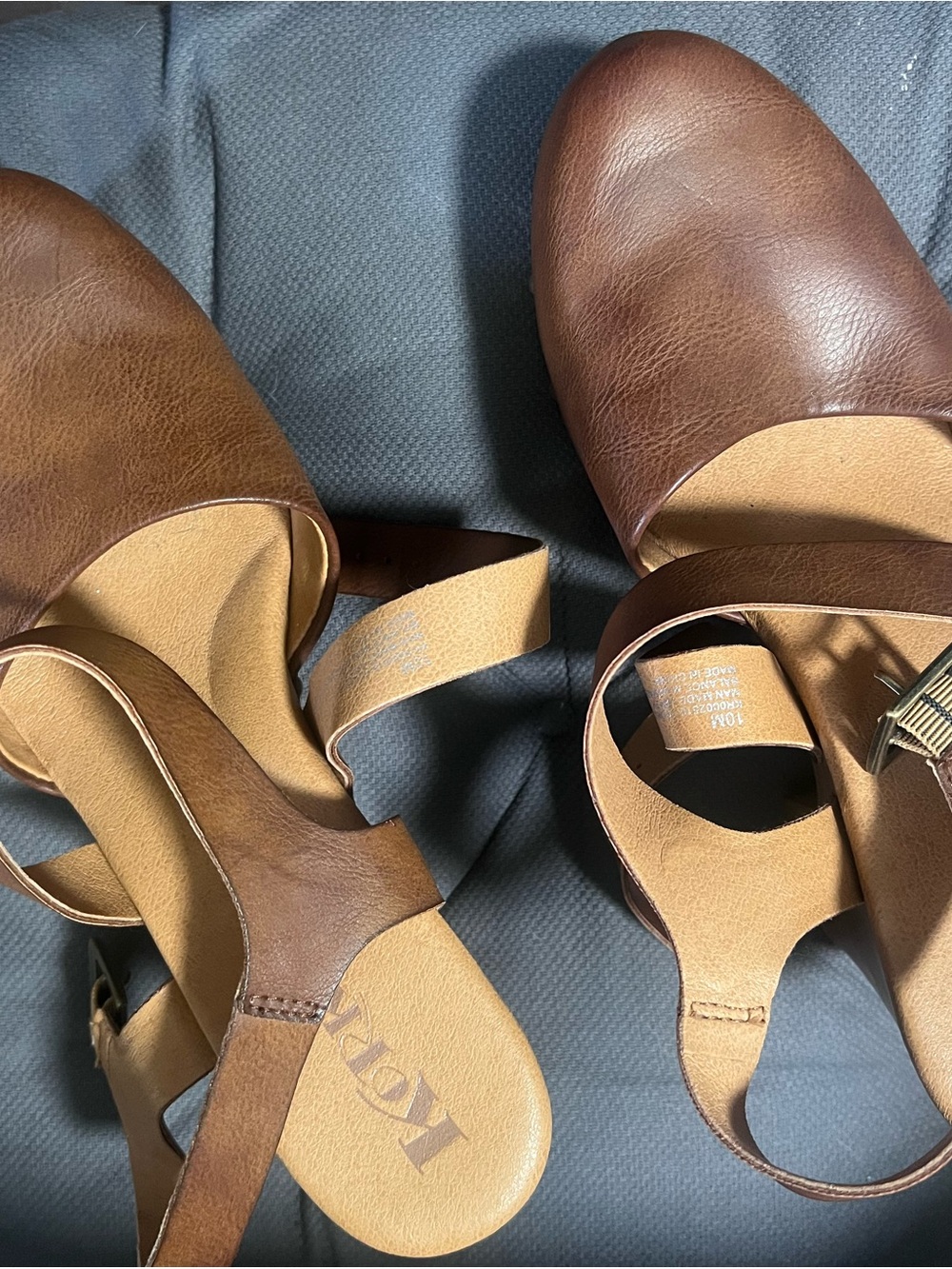 Korks brand brown leather ankle strap clogs